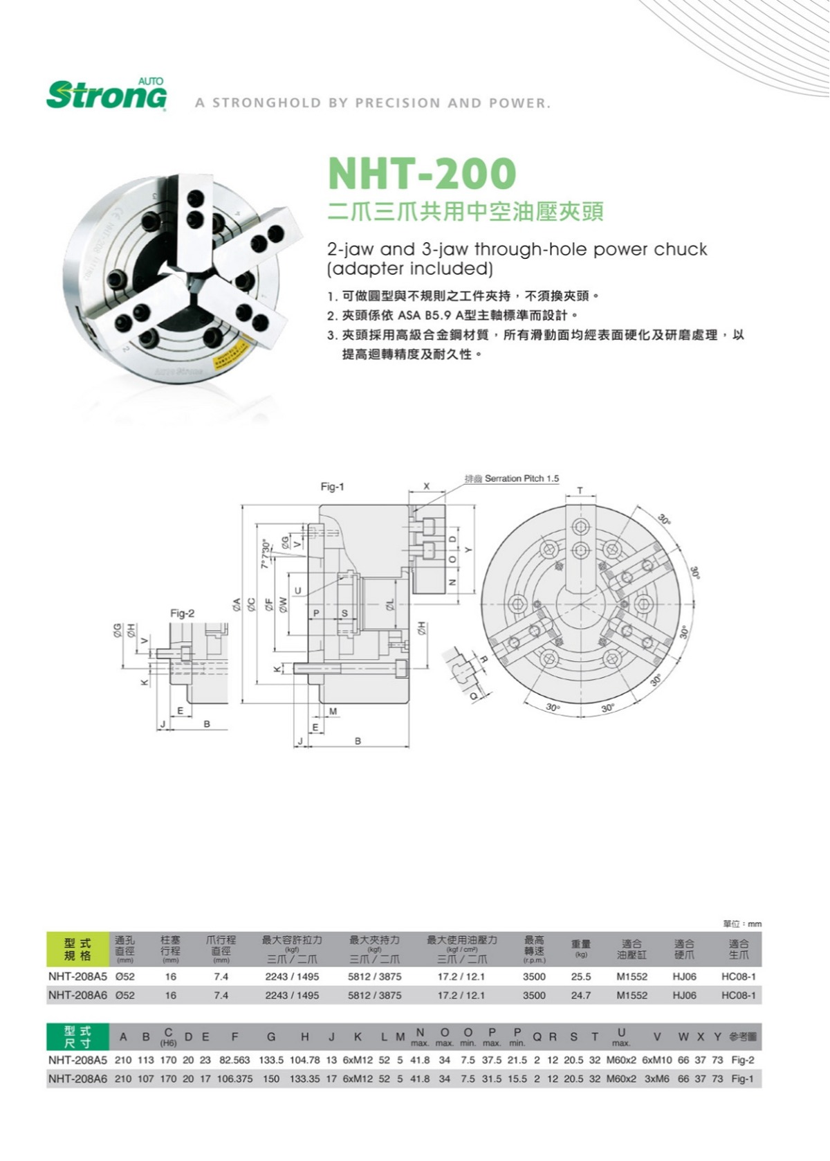 億川二三爪共用中空液壓卡盤參數(shù)表