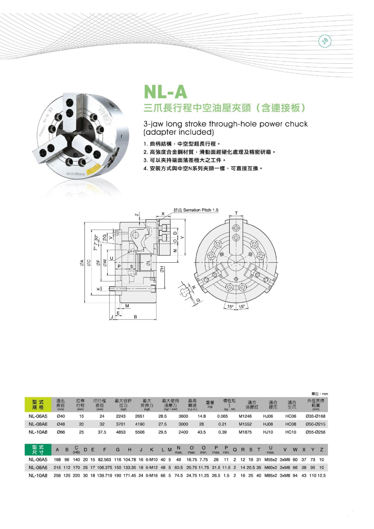 億川三爪長(zhǎng)行程中空液壓卡盤參數(shù)表